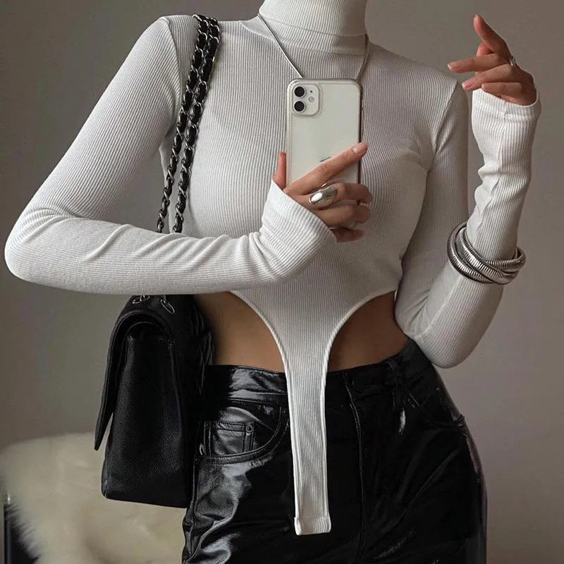 

Women High Cut Skinny Romper Bodysuit Top Fashion Streetwear Solid Long Sleeve Turtleneck Ribbed Slim Bodycon Playsuits Overalls
