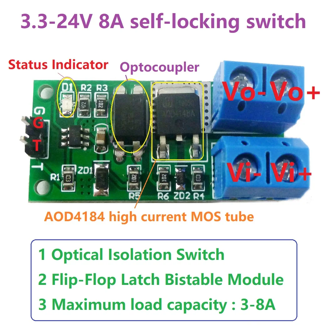 

3.3V-24V 8A Isolation Flip-Flop Latch Switch Module Bistable single button LED Relay Solenoid valve