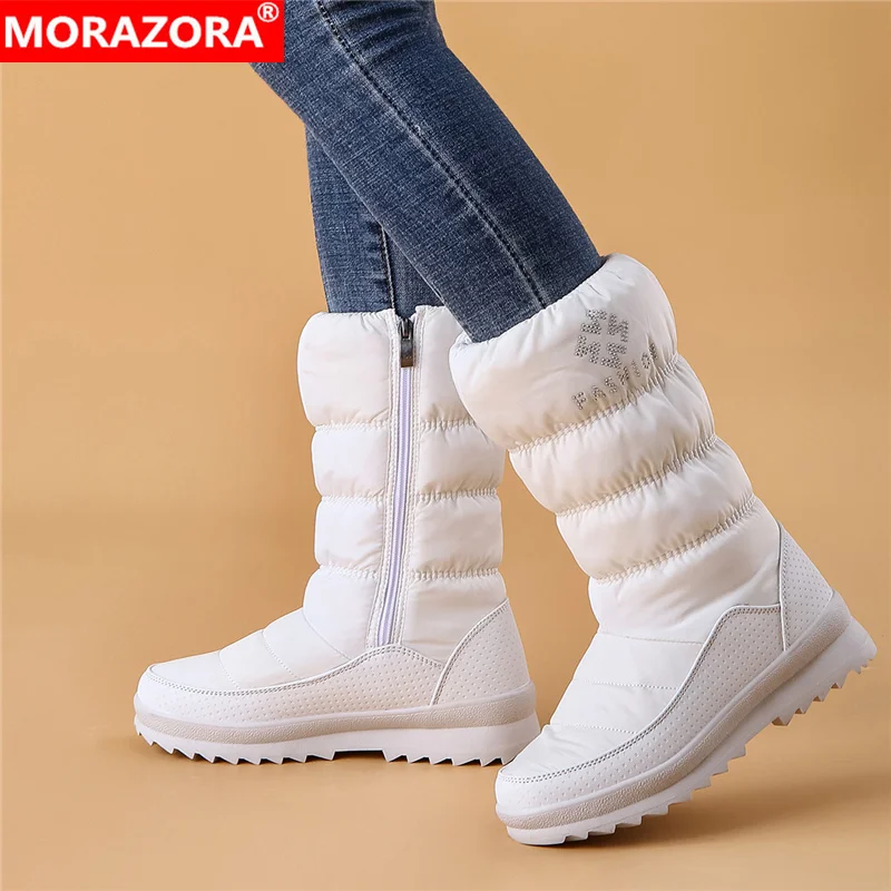 MORAZORA/Большие размеры 36-41; новые теплые зимние сапоги; женские сапоги на платформе на молнии; однотонные Водонепроницаемые зимние сапоги до середины голени на толстом меху