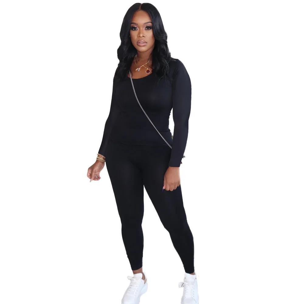

Newest Solid Slim Women Sets Scoop Neck Long Sleeve Tees+High Waist Leggings Two Pieces For Sports Party 2020 Autumn Hot Selling