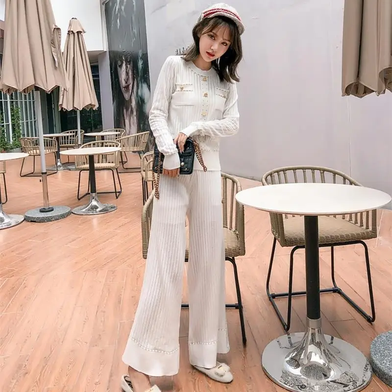 Осенний костюм женский однобортный свитер брюки с высокой талией и широкими