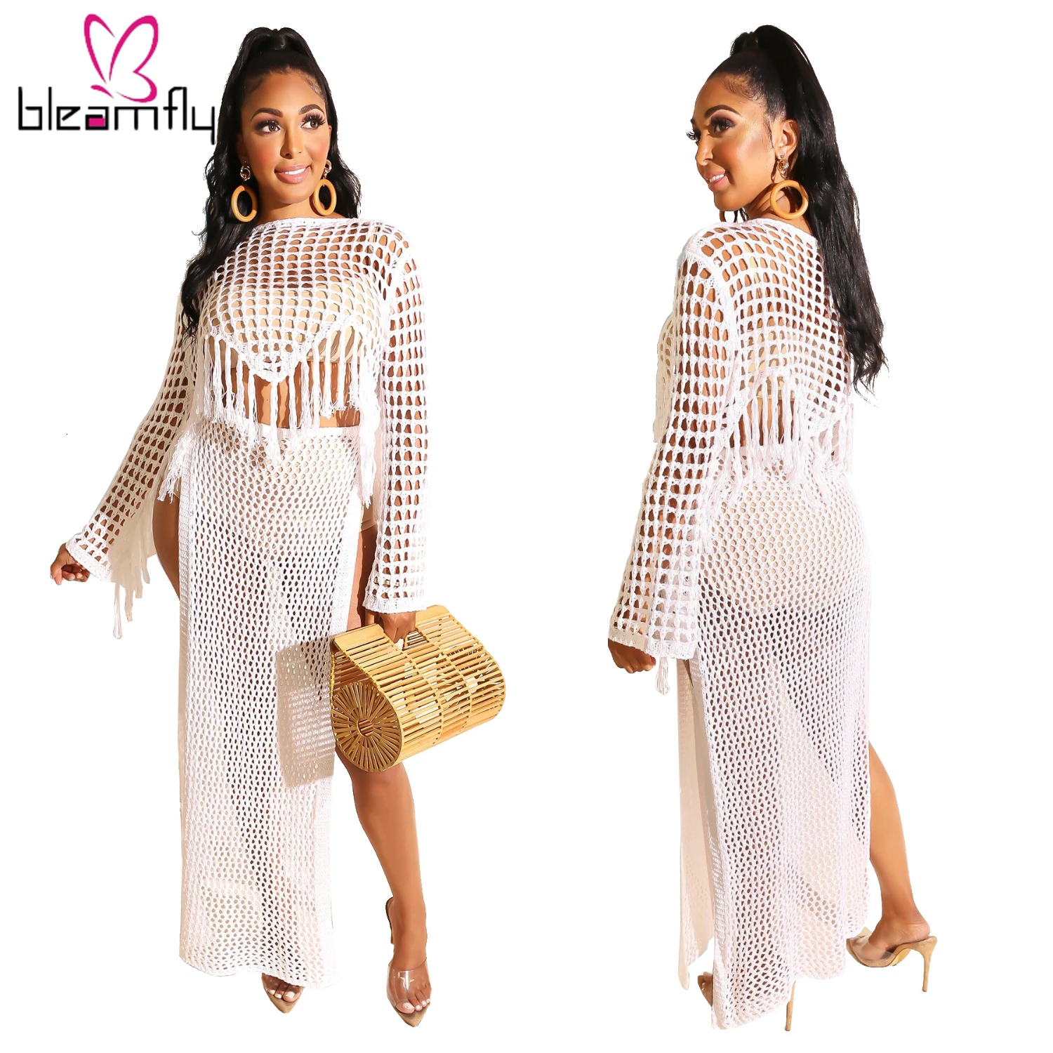 Женский летний вязаный крючком свитер с длинным рукавом топ высоким разрезом