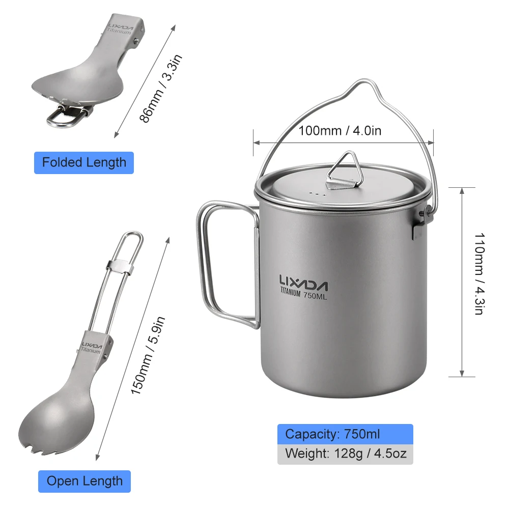 

Lixada 750ml/900ml/1100ml Lightweight Titanium Pot with Folding Spork for Outdoor Camping Hiking Backpacking Picnic