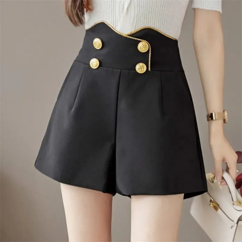 

Golden Rose Button Shorts Female Sexy High Waist Black Shorts Women Fashion Wide Legs Designer Slim Pants Plus Size Summer 2021