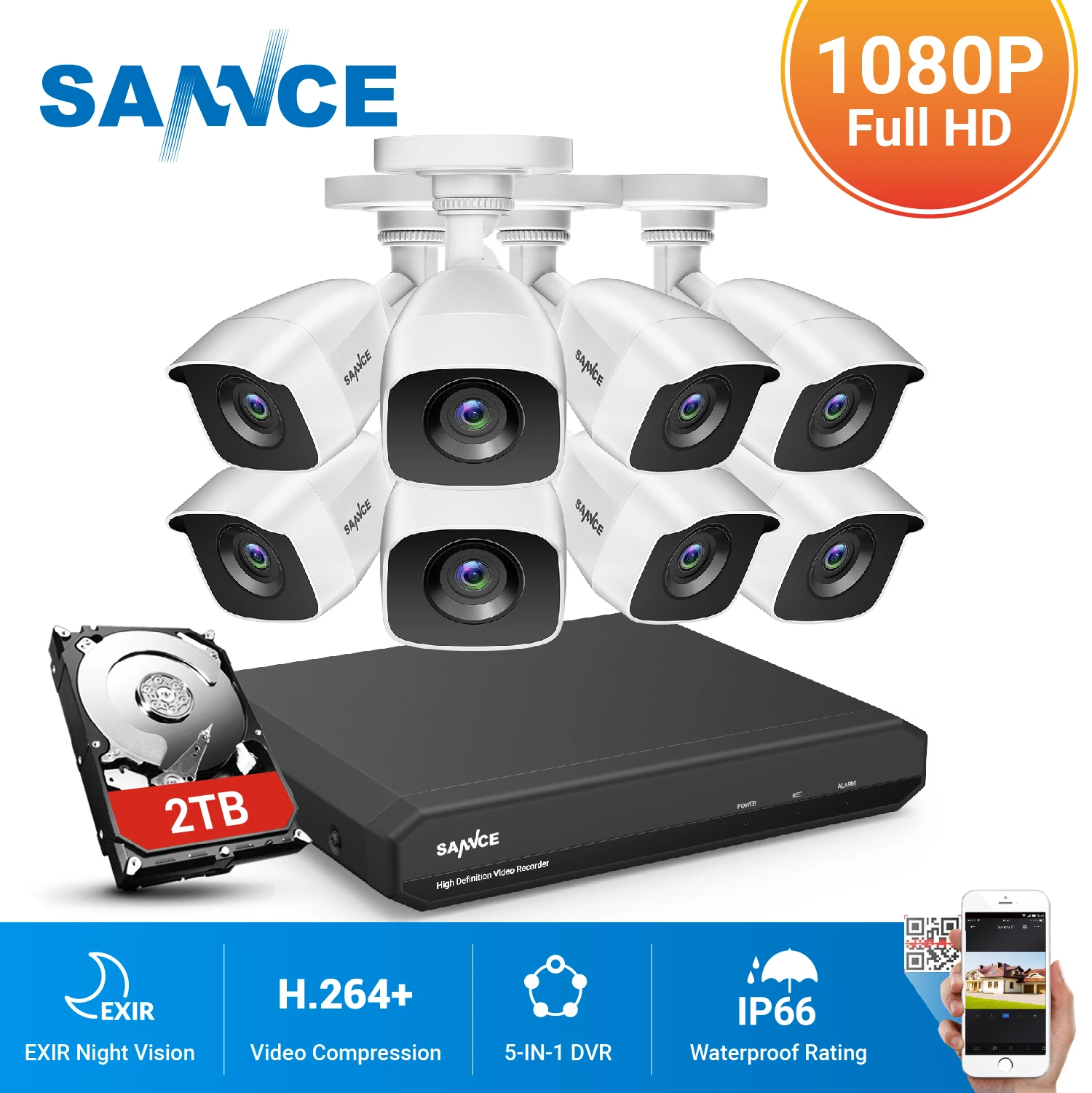 

SANNCE 8CH 1080P 2.0MP HD CCTV System Video Recorder 8PCS 1080P CCTV Security Camera Waterproof Night Vision Surveillance Kits