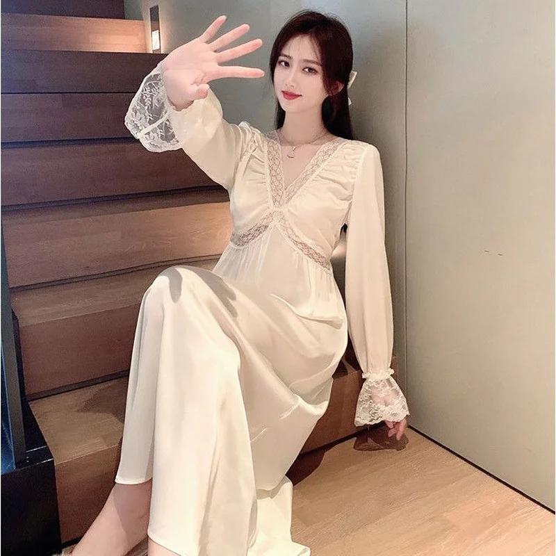 QWEEK Sexy Nightgowns Sleepwear Women V-neck Flared Sleeves Solid Color Nightdress Nightshirts Home Clothes Vestidos De Noche