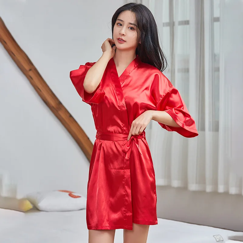 

Imitation Silk Nightgown Thin Section Home Clothes Summer Sexy Cardigan Kimono Robe Loose Solid Color Casual Dressing Gown