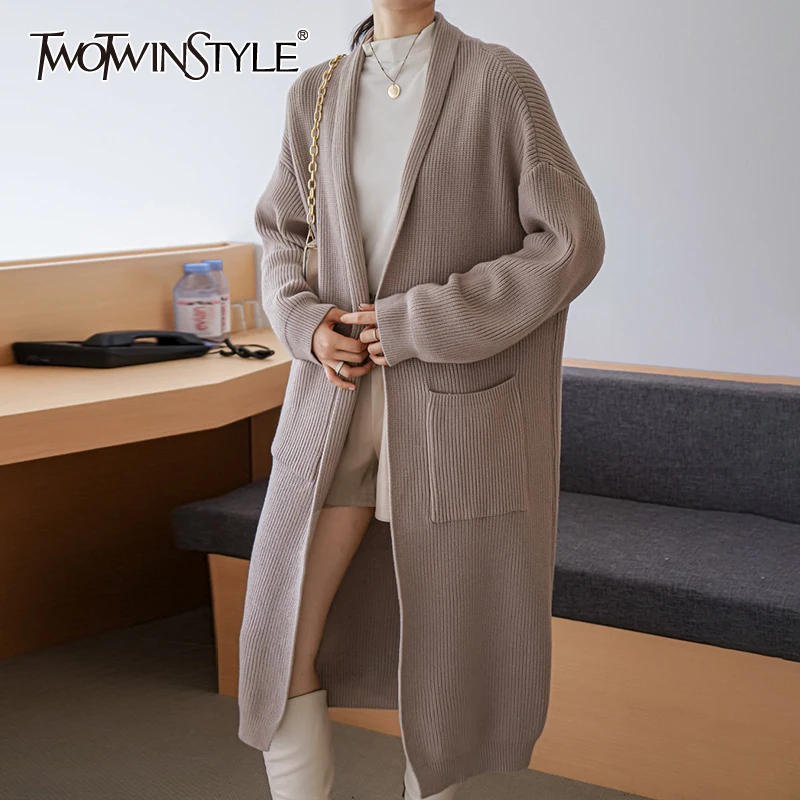 

TWOTWINSTYLE Solid Color Sweater For Female V Neck Long Sleeve Oversized Women's Casual Knitting Coat Fashion New 2021