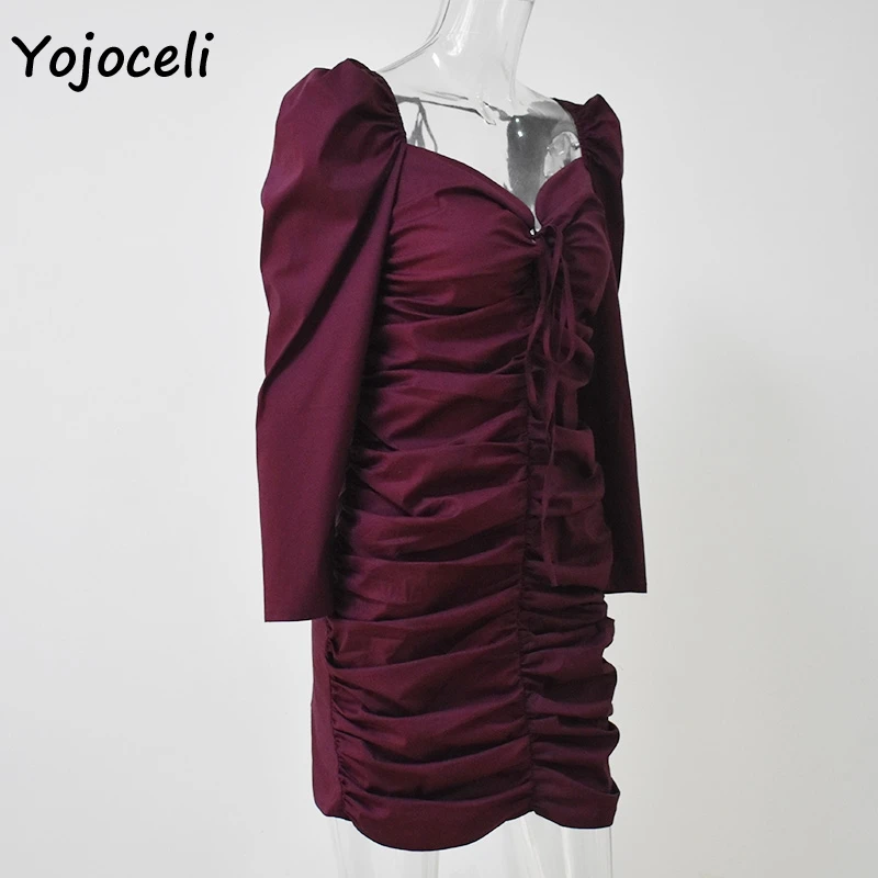 Yojoceli, сексуальное облегающее платье с длинным рукавом на шнуровке, женское винтажное Королевское мини-платье с квадратным вырезом, вечерние эластичные платья