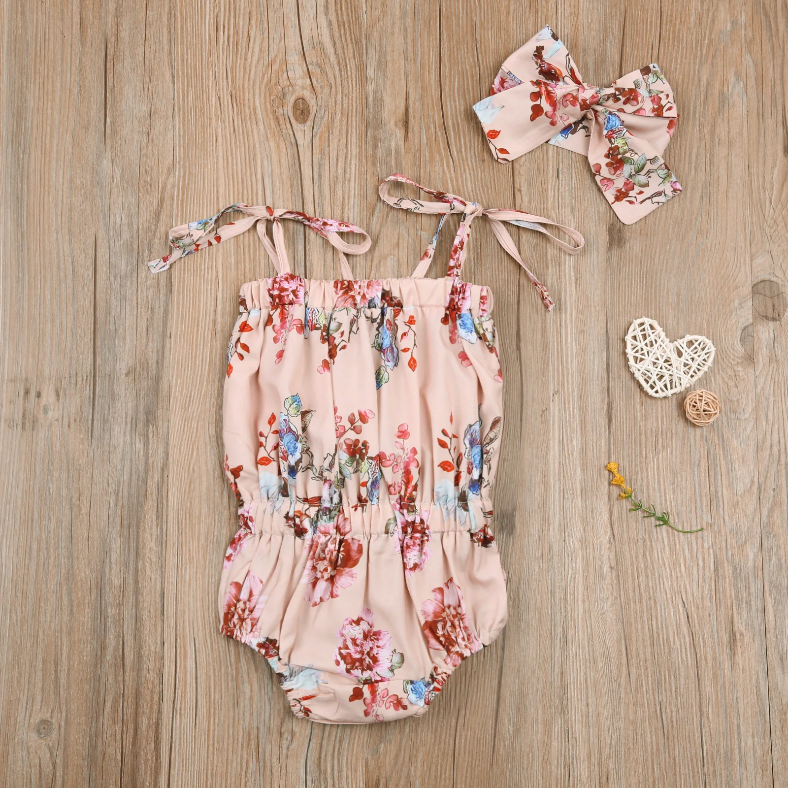 

0-18M 2Pcs Toddler Summer Outfits, Floral Tied Spaghetti Straps Rompers + Bowknot Hairband Suit for Baby Girls Holiday