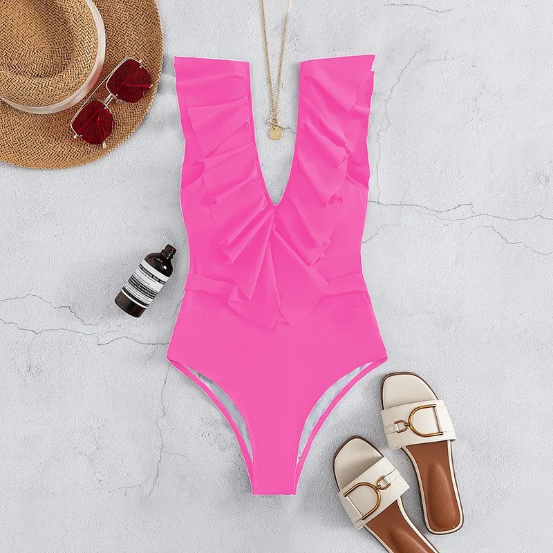 Неоновый цвет Цельный купальник с оборками женский купальный костюм V-образным