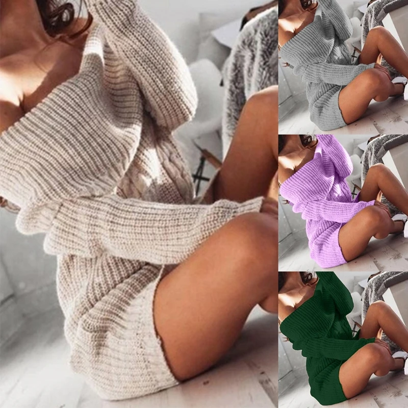 

Women Long Sleeve Sexy Off Shoulder Mini Sweater Dress Solid Color Slim Package Hip Pullover Knit Tunic Streetwear