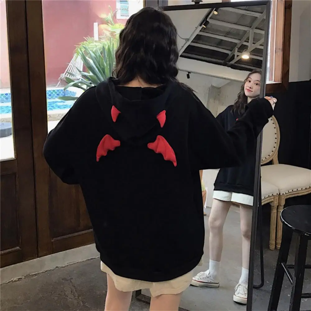 Dropshipping! Hooded sweater women early spring and autumn loose Korean letter printing devil hood sweatshirt plush warm hoodie