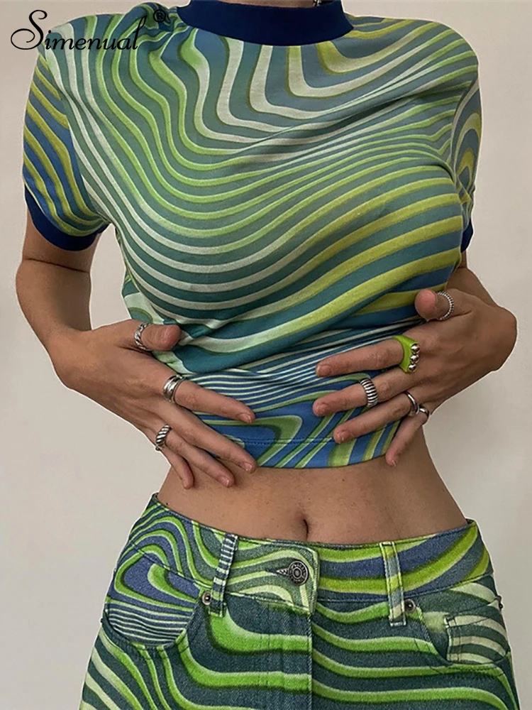 

Simenual WavePrint Patchwork Short Sleeve T Shirts Printing Streetwear Basic Skinny Crop Tops Summer 2022 Baddie Clothing Female