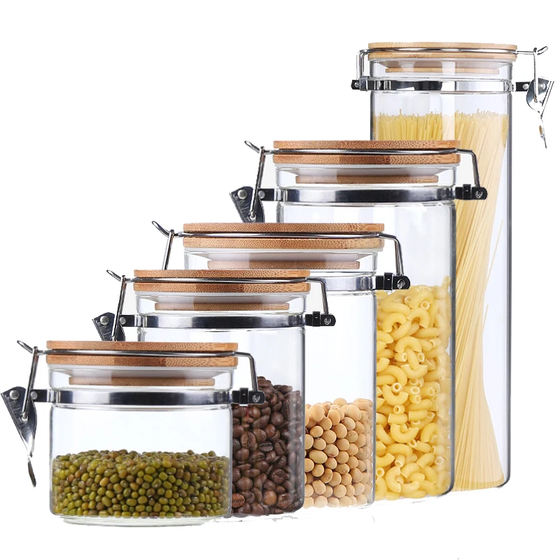 

500ML/850ML/1200ML/1600 ML/2000 ML Kitchen Food Storage Bottle Heat-resistant Bamboo Cover Glass Sealed Glass Clasp Sealing Tank