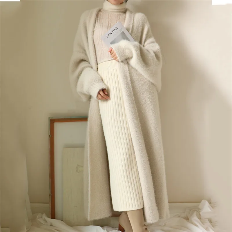 

2023 Extra Long Water-Like Cashmere Cardigan Coats Women Clothing Autumn Winter Jackets Loose Large Size Knitted Sweater N1113