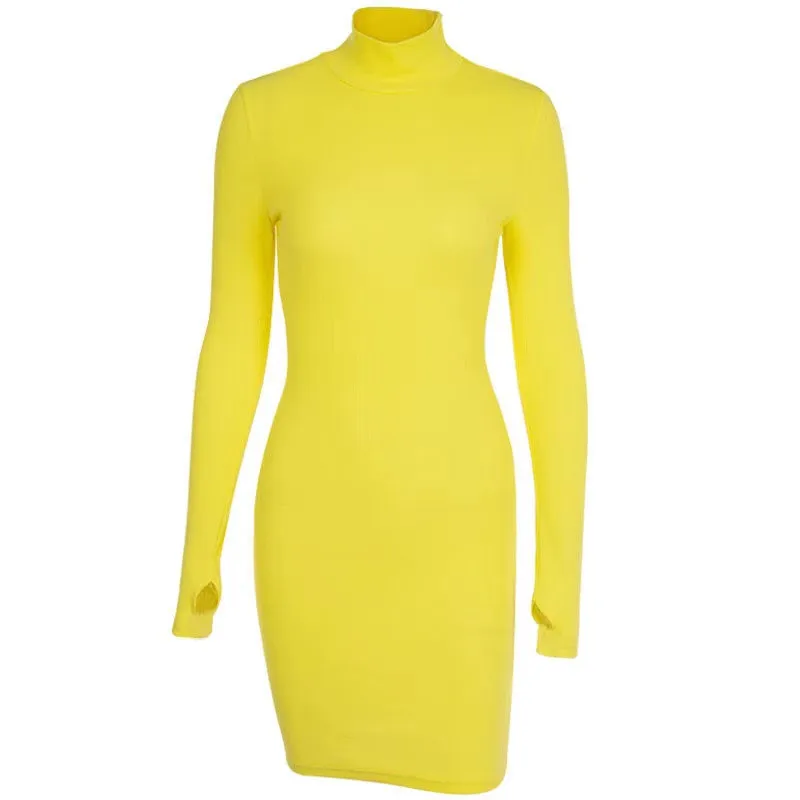 

Hot Turtleneck Long Sleeve Hip Skinny Mini Dress Sexy clothes Club Night Party Dress Black White OrangPackage Vestidos 4colors