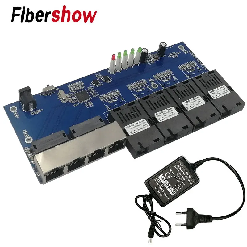 Оптоволоконный переключатель Ethernet 4 RJ45 4 SC оптический медиа конвертер одномодовый волоконно-оптический Порты и разъёмы 10/100 м PCBA