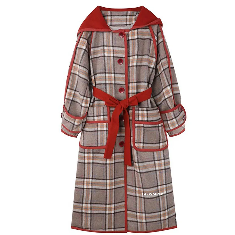 

Winter Plaid Jacket For Women Lapel Long Sleeve High Waist Double Breasted Hooded Casual Coat Female 2021 New Autumn