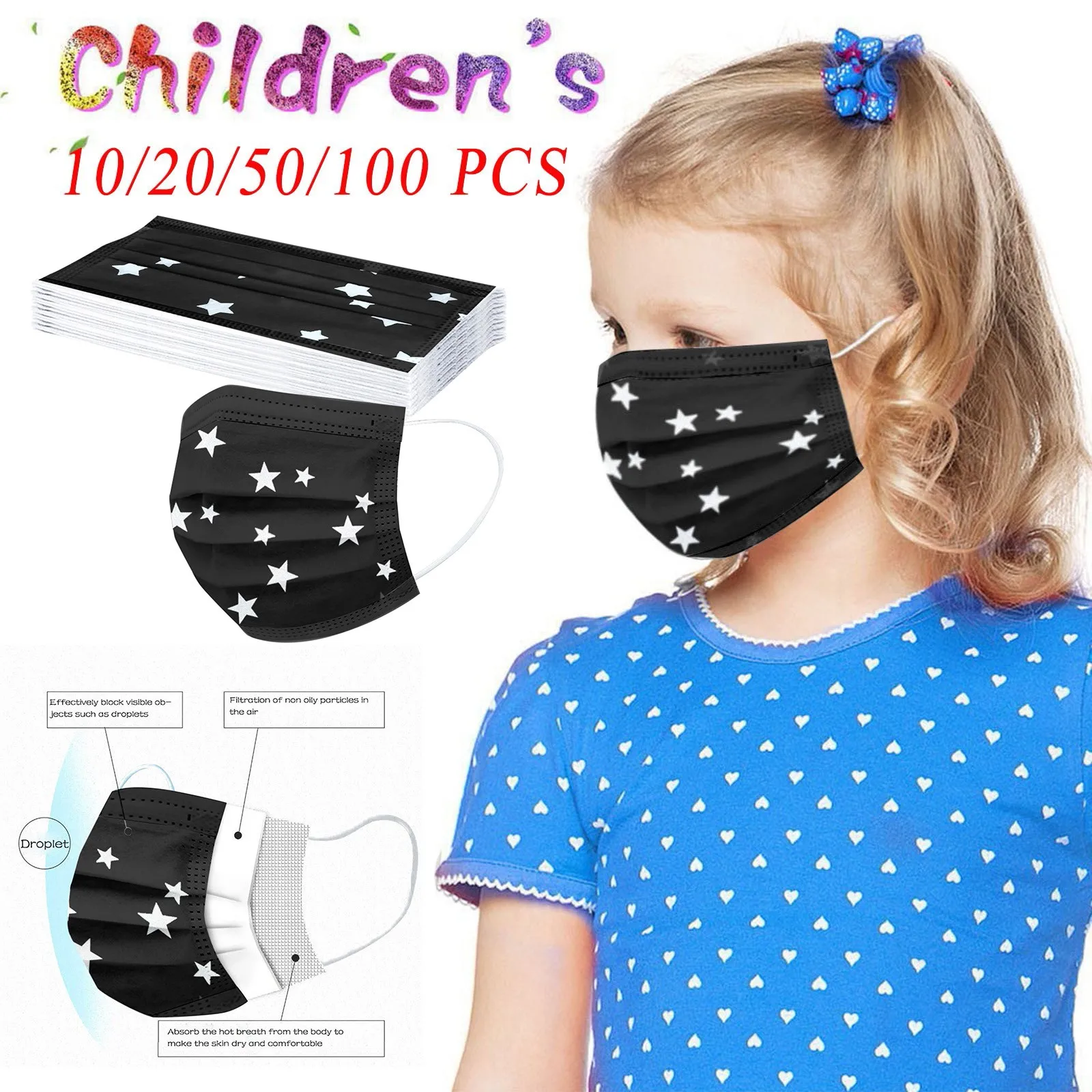 

10/20/50/100PCS Kids Children's Mask Printed Stars Prints 3 -Layer Disposable Mask Disposable Mask Dust-proof Face Mascarillas