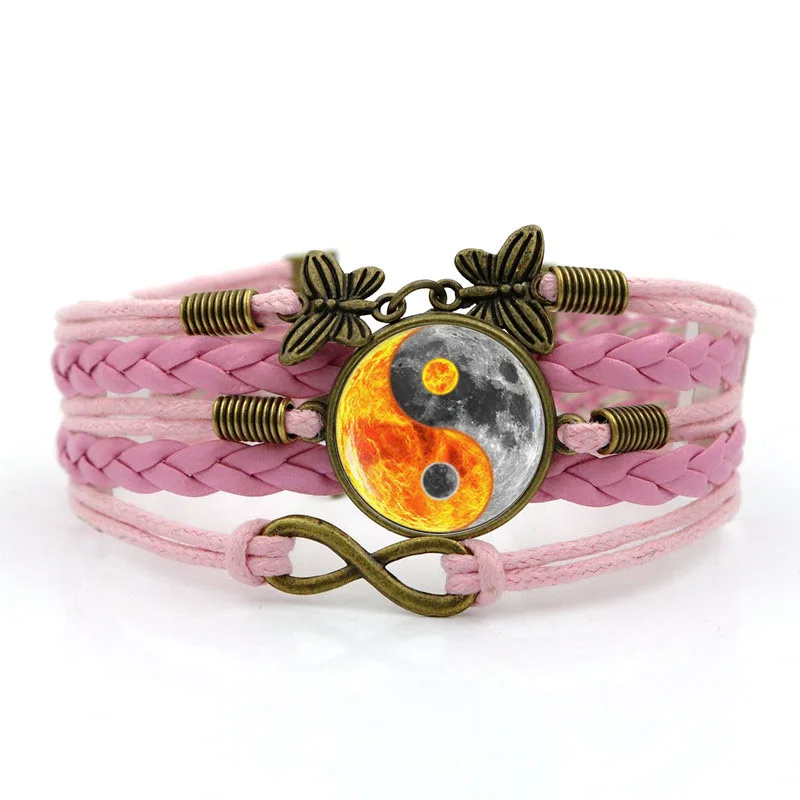 

Yin Yang Tai Chi flame symbol bracelet, glass cabochon woven leather bracelet, Valentine's Day gift for men and women