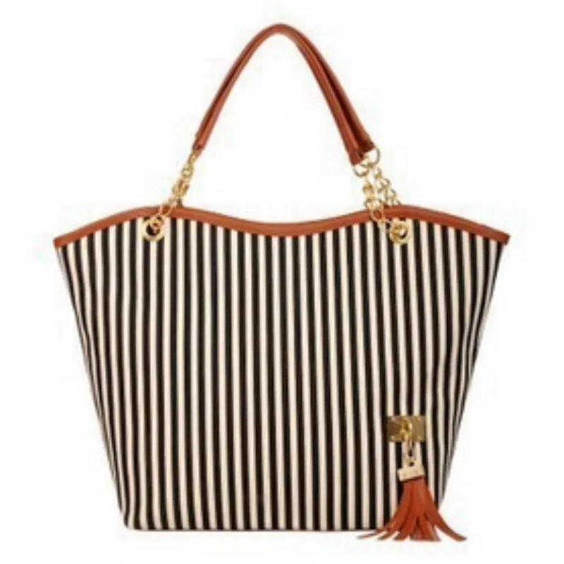 

Striped Casual Tote Women Canvas Handbag Casual Single Shoulder Shopping Bags Beach Zipper Large Bag Sac A Main Bolsa