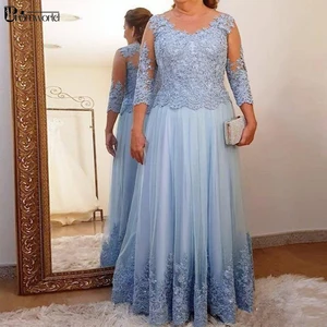 Blue Plus Size Evening Mother Of The Bride Dresses A-line 3/4 Sleeves Tulle Appliques Groom Long Mot
