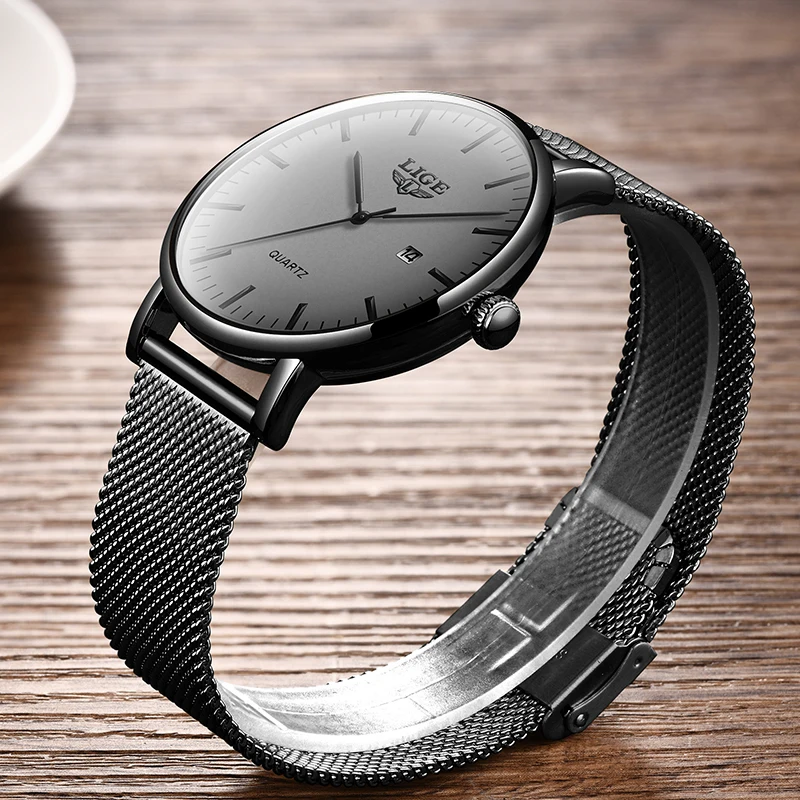 Новинка серые наручные часы LIGE из нержавеющей стали высокое качество