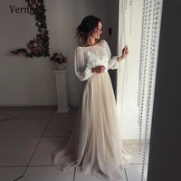 verngo vintage ivory lace applique tulle boho wedding dress puffy long sleeves scoop neck champagne skirt garden bride gowns
