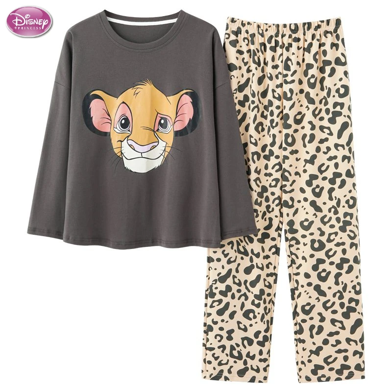 Disney The Lion King Simba 2PC Cotton Sleep Suit for Women Fall Winter Loose Pajamas Set Leopard Pant Pijama Home Suit Nightwear