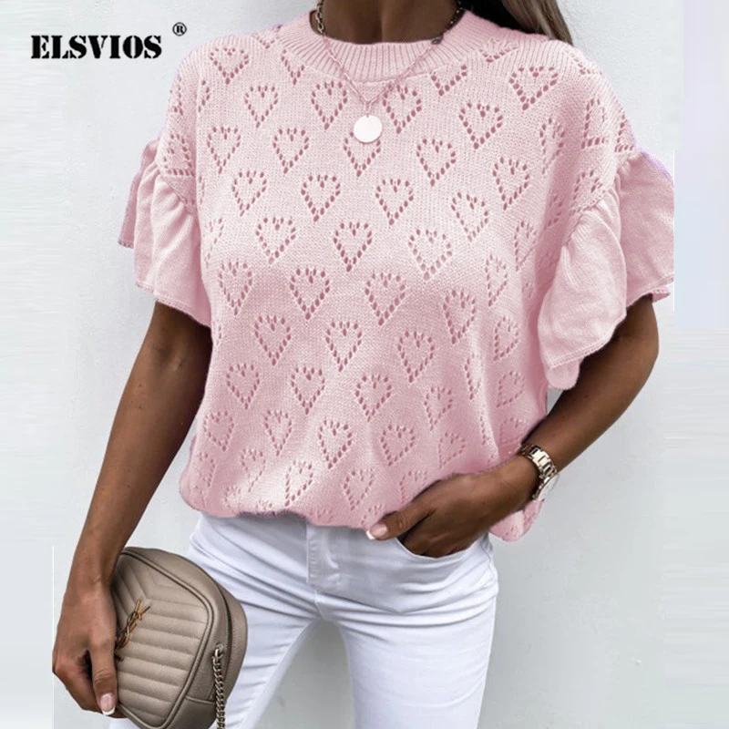 

Женский вязаный Топ в форме сердца, однотонный пуловер свободного покроя с коротким рукавом и круглым вырезом, лето