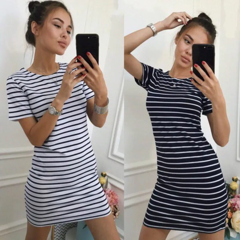 Женские облегающие платья в полоску с коротким рукавом и круглым вырезом черные