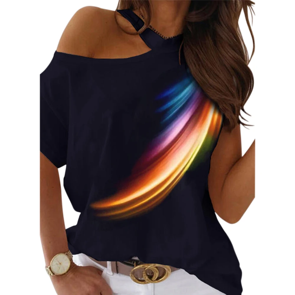

Women Aurora Print Short Sleeve Off-Shoulder Tops Sexy Summer Tshirt Casual Loose Pullovers Ladies Tops Fashion Street Tee D30