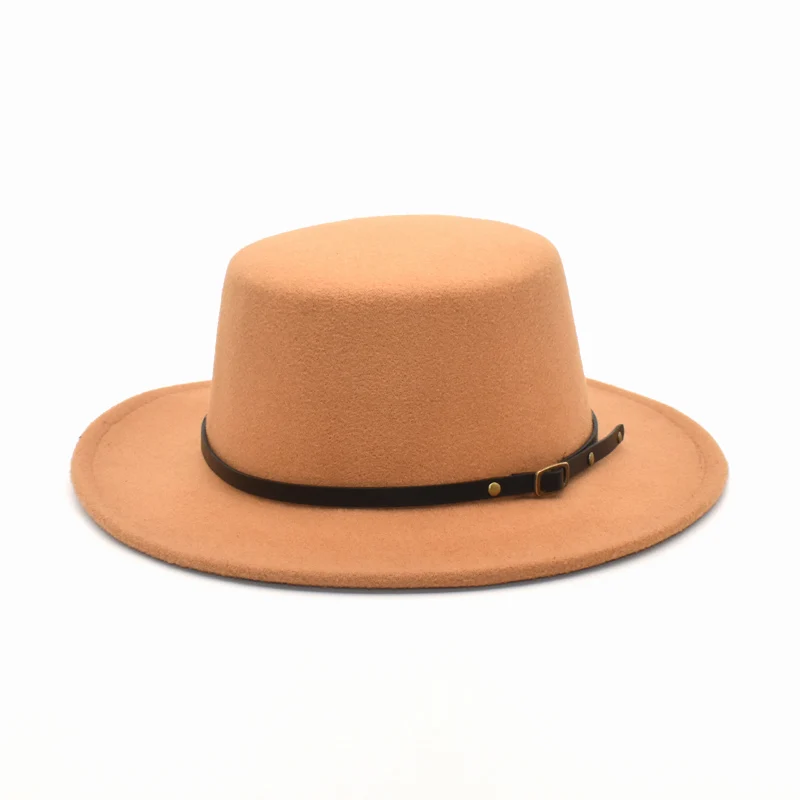 New Classic Solid Color Fedora Hat Women Wool Flat Top Bowler Hat Man Wide Brim Jazz Cap Elegant Lady Church Hats P21