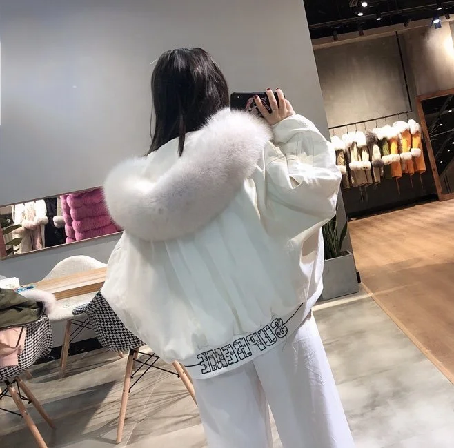 Winter female winter big fur collar Korean short puffer oversize down jacket fox hooded parka bomber women | Женская одежда