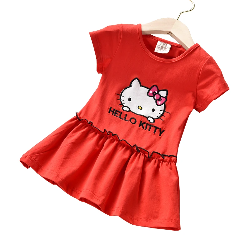 Kids Hello Kitty Dress Summer Princess Party Short Sleeve Children Girls Red Toddler Clothes Rabbit Cotton Ruched Fashion | Детская