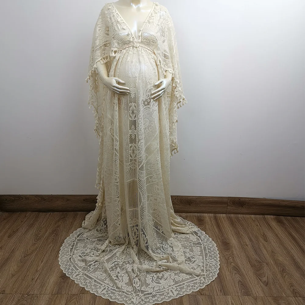 Don&Judy Boho Lace Maternity Dress Photography Pregnancy with Long Cape Woman Photo Shoot Clothes Baby Shower Robe Evening Party enlarge