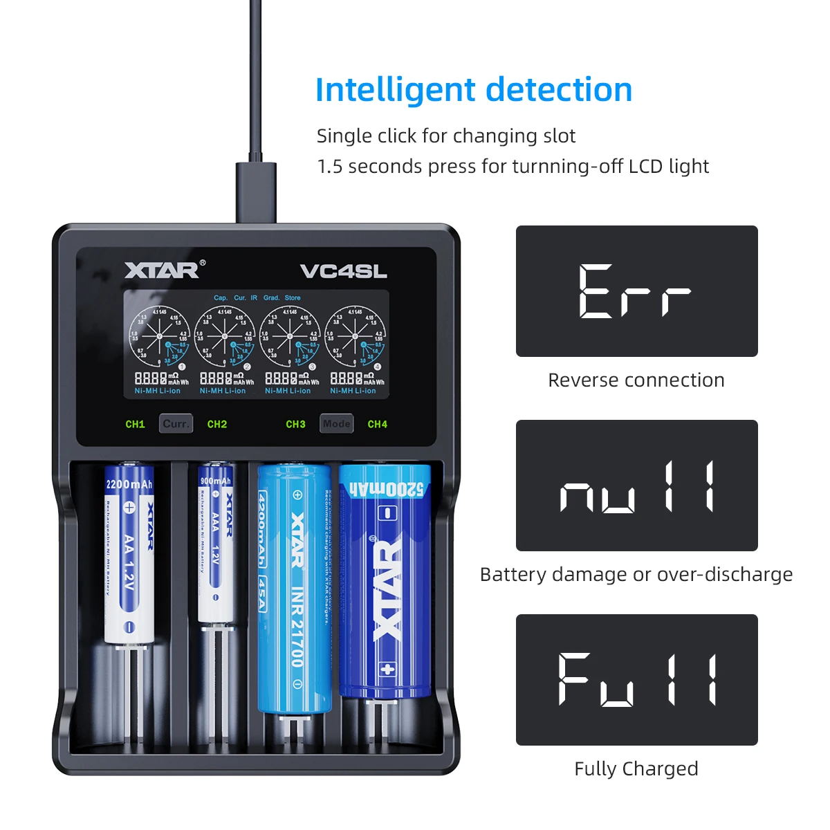 XTAR 18650 Battery Charger VC4SL QC3.0 Fast Type C USB Quick Charge AAA AA Rechargeable Lithium Batteries 21700 | Электроника