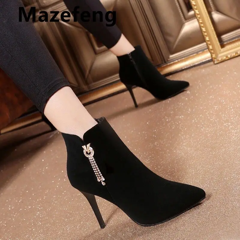 

GOOHOJIO 2021 New Women Boots Ankle Flock Zipper Booties High Heels Autumn Shoes Black Winter Boots Zapatos De Mujer Pointed Toe