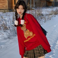 women cute teddy bear hoodless sweatshirt vintage red thick tracksuit 2021 woman spring fall kawaii clothes oversized christmas