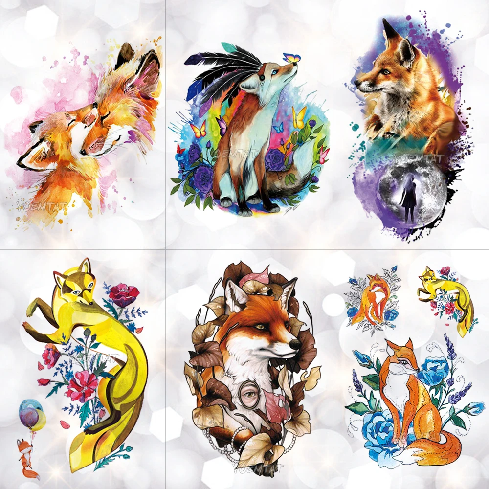 

Fire Fox Rose Wolf Feather Watercolor Temporary Tattoo Sticker Moon Waterproof Tattoos Body Art Arm Fake Tatoo Men Women