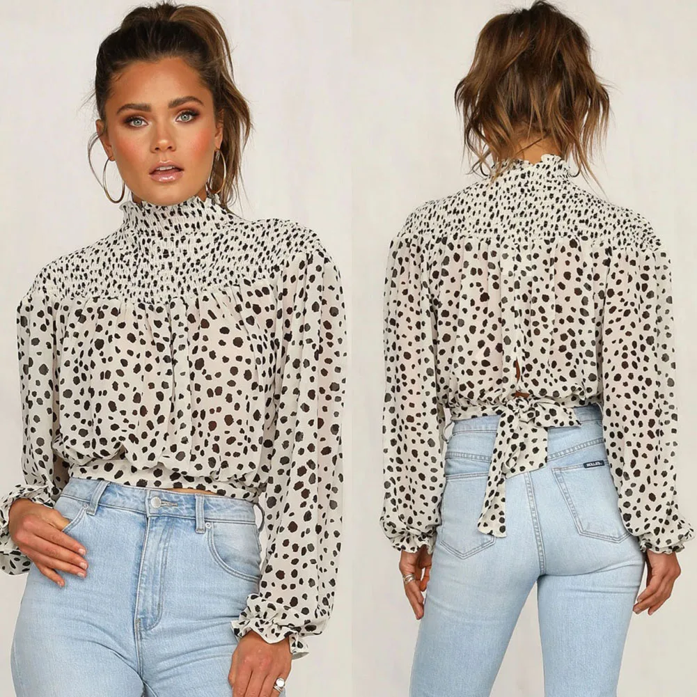 

2019 Freeship Print Women Puff Sleeve Chiffon Blouses All-Matching Lady Turtleneck Long Sleeve Bandage Shirts Loose Autumn Tops