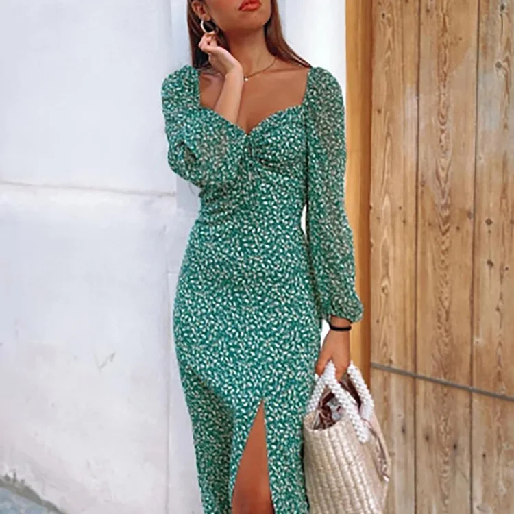 

V-neck Long Sleeve Floral Chiffon Women Bohemian Beach Casual Dresses Mid-calf Length Split Elegant Ladies Holiday Dress Clothes