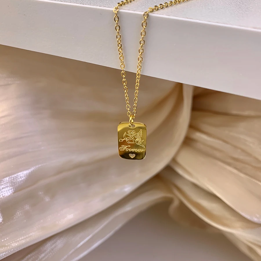 

Titanium With 18K Gold Good Luck Angel Choker Necklace Women Jewelry Designer T Show Runway Gown Rare INS Japan Korean Fashion