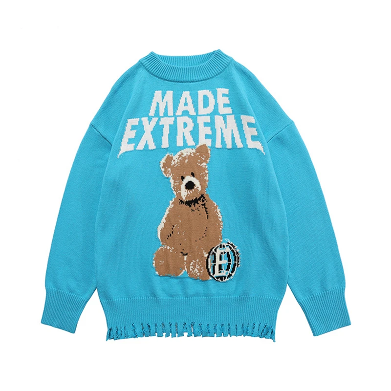 

Hip Hop Bear Pattern O-Neck Sweater Autumn Winter Fashion Couple Knitwear Men and Women Hem Tassel Loose Knitted Pullover Coats