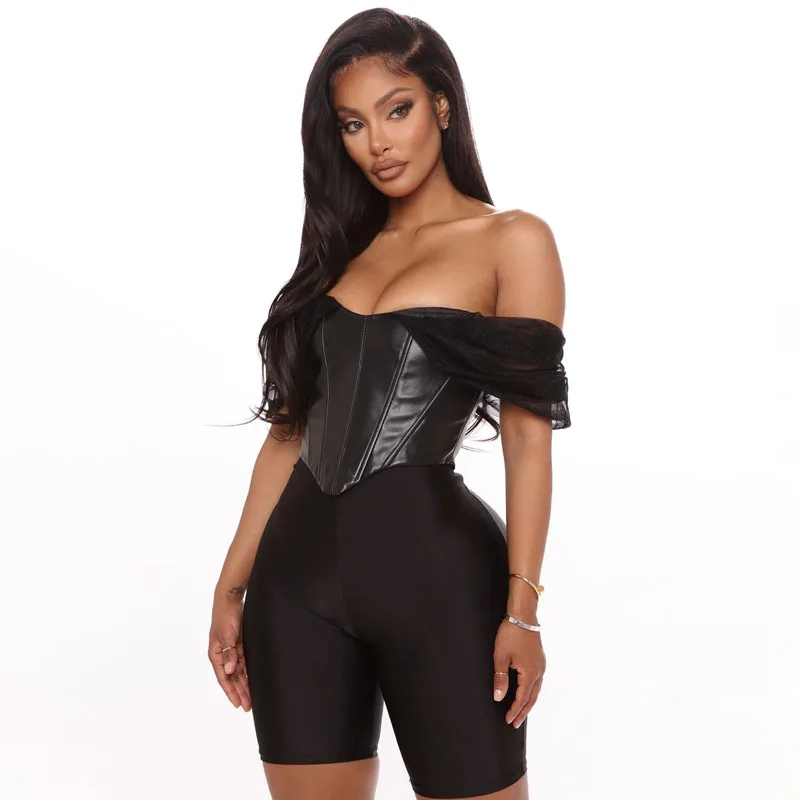 

New Summer Sexy Mesh Sleeve PU Collar T-Shirts