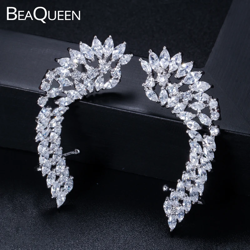 

BeaQueen Fashion Mauquise Cubic Zirconia Full Paved Setting Big Ear Cuff Stud Earrings Wedding Party Jewelry for Women E238