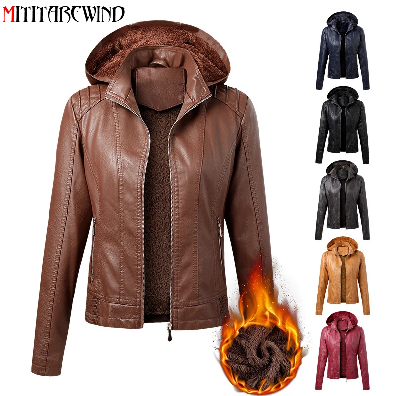 

New Winter PU Leather Jacket Women Velvet Keep Warm Leather Coat Women Fashion Hooded Collar Windbreaker Short Female Jacket