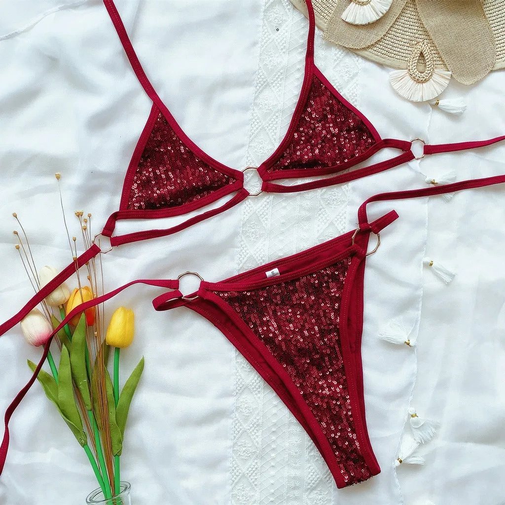 

Bikinis Push Up Swimsuits Swimwear Women Halter Neck Bathing Suit Women 2021 Biquini Sequins High Leg Cut Beachwear Bikini Set