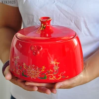 creative red ceramic storage jar with lid kitchen seasoning sealed jar portable large capacity tea tin box gift home decoration